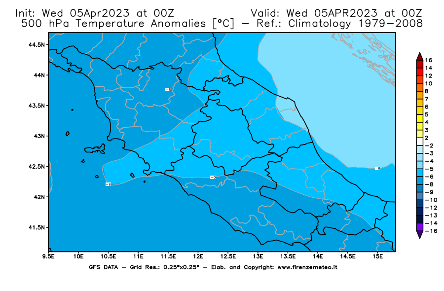 GFS analysi map - Temperature Anomalies [°C] at 500 hPa in Central Italy
									on 05/04/2023 00 <!--googleoff: index-->UTC<!--googleon: index-->