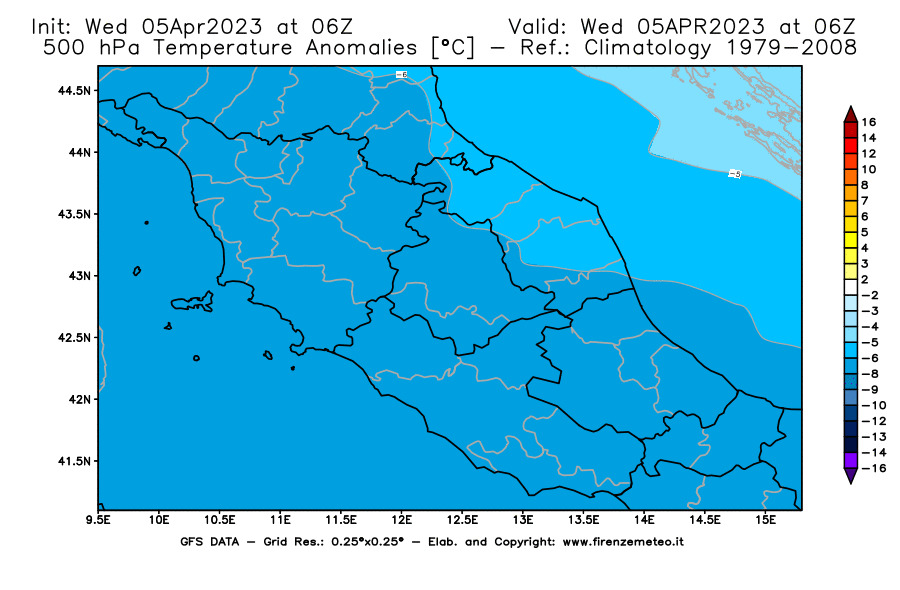 GFS analysi map - Temperature Anomalies [°C] at 500 hPa in Central Italy
									on 05/04/2023 06 <!--googleoff: index-->UTC<!--googleon: index-->