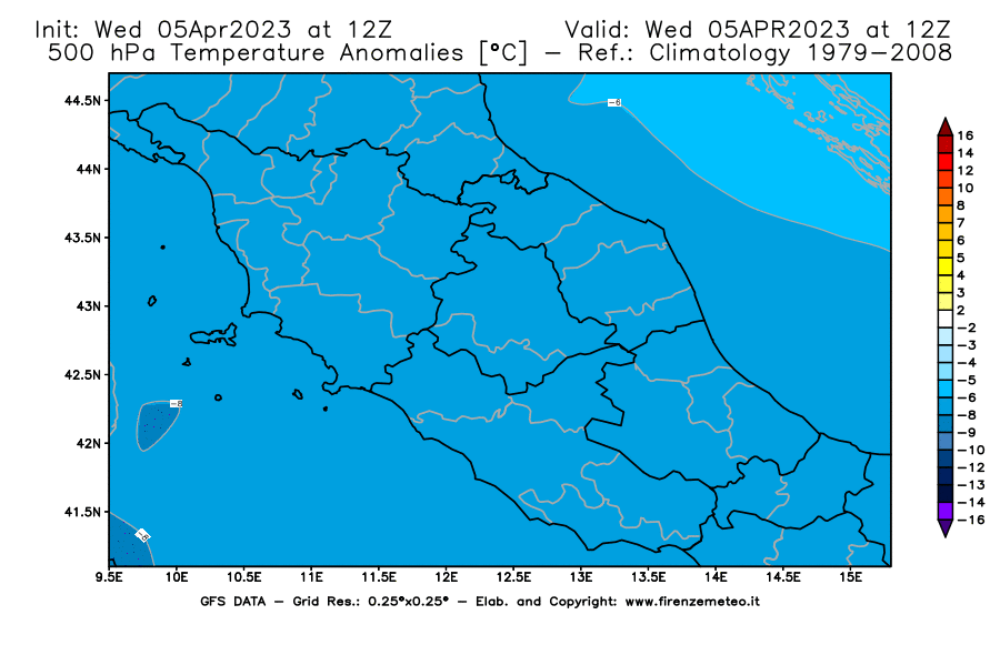 GFS analysi map - Temperature Anomalies [°C] at 500 hPa in Central Italy
									on 05/04/2023 12 <!--googleoff: index-->UTC<!--googleon: index-->