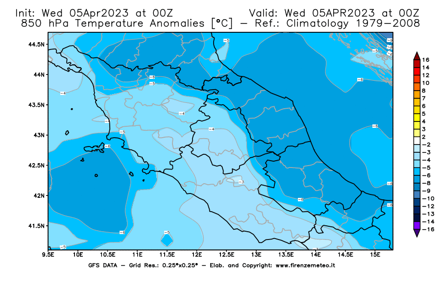 GFS analysi map - Temperature Anomalies [°C] at 850 hPa in Central Italy
									on 05/04/2023 00 <!--googleoff: index-->UTC<!--googleon: index-->