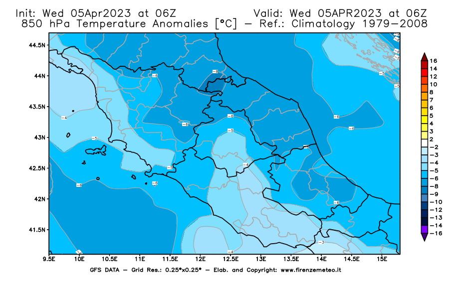 GFS analysi map - Temperature Anomalies [°C] at 850 hPa in Central Italy
									on 05/04/2023 06 <!--googleoff: index-->UTC<!--googleon: index-->