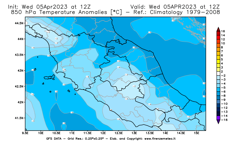 GFS analysi map - Temperature Anomalies [°C] at 850 hPa in Central Italy
									on 05/04/2023 12 <!--googleoff: index-->UTC<!--googleon: index-->