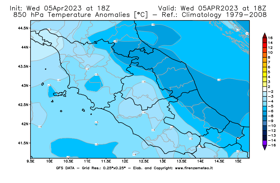 GFS analysi map - Temperature Anomalies [°C] at 850 hPa in Central Italy
									on 05/04/2023 18 <!--googleoff: index-->UTC<!--googleon: index-->