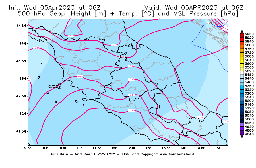GFS analysi map - Geopotential [m] + Temp. [°C] at 500 hPa + Sea Level Pressure [hPa] in Central Italy
									on 05/04/2023 06 <!--googleoff: index-->UTC<!--googleon: index-->