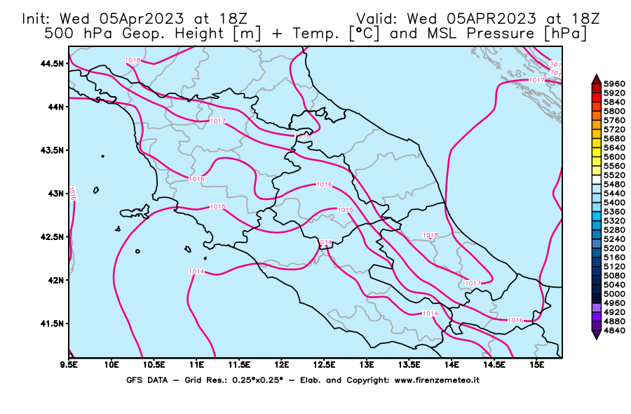 GFS analysi map - Geopotential [m] + Temp. [°C] at 500 hPa + Sea Level Pressure [hPa] in Central Italy
									on 05/04/2023 18 <!--googleoff: index-->UTC<!--googleon: index-->