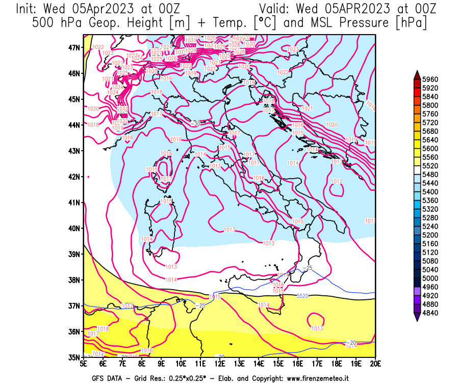 GFS analysi map - Geopotential [m] + Temp. [°C] at 500 hPa + Sea Level Pressure [hPa] in Italy
									on 05/04/2023 00 <!--googleoff: index-->UTC<!--googleon: index-->