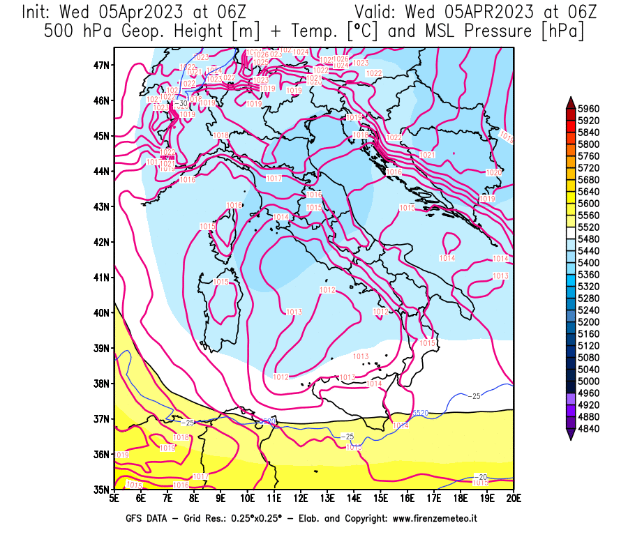 GFS analysi map - Geopotential [m] + Temp. [°C] at 500 hPa + Sea Level Pressure [hPa] in Italy
									on 05/04/2023 06 <!--googleoff: index-->UTC<!--googleon: index-->