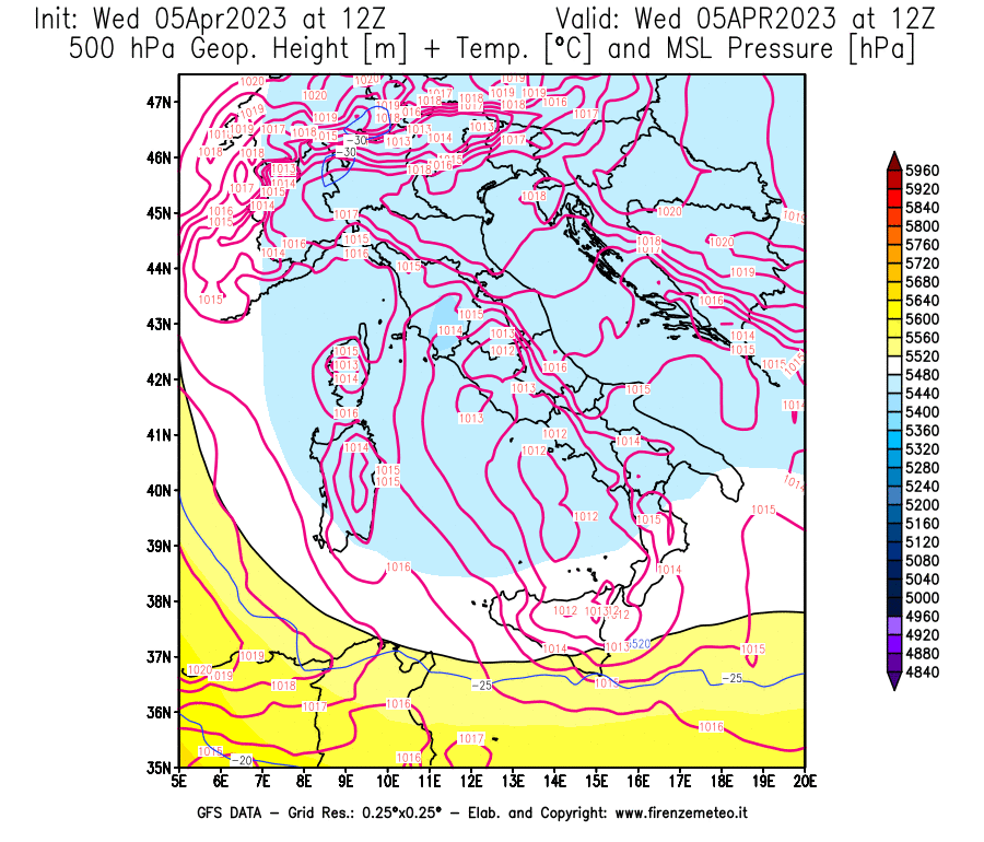 GFS analysi map - Geopotential [m] + Temp. [°C] at 500 hPa + Sea Level Pressure [hPa] in Italy
									on 05/04/2023 12 <!--googleoff: index-->UTC<!--googleon: index-->
