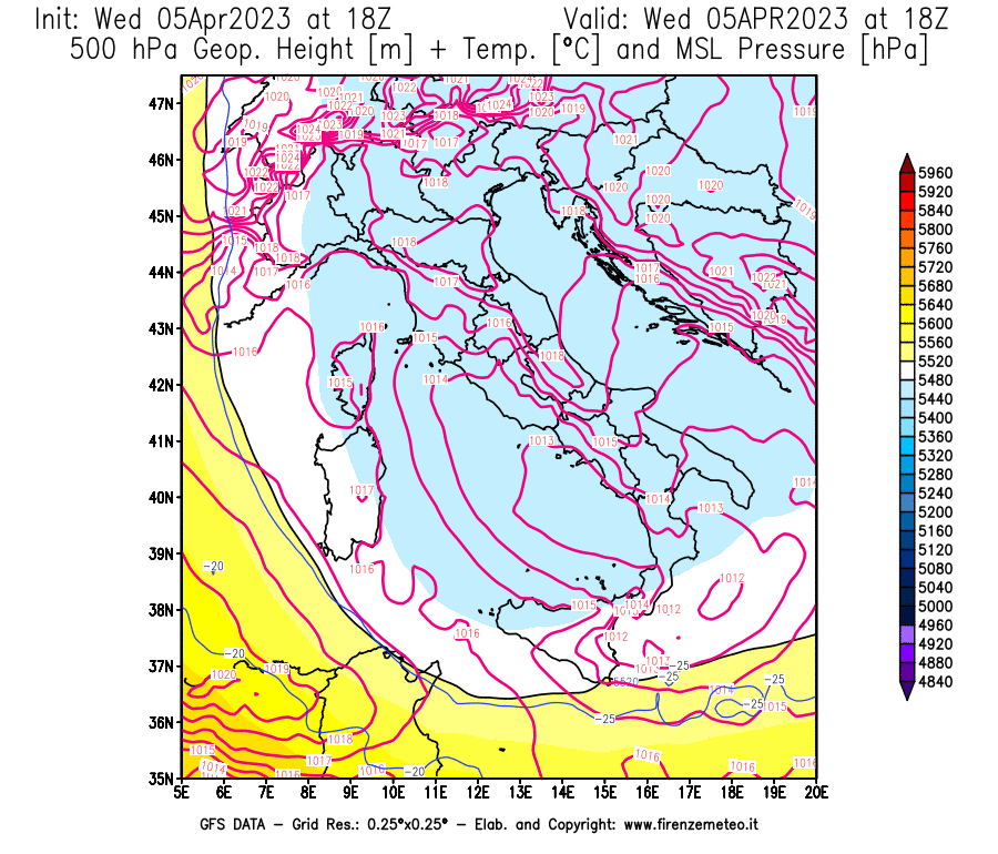 GFS analysi map - Geopotential [m] + Temp. [°C] at 500 hPa + Sea Level Pressure [hPa] in Italy
									on 05/04/2023 18 <!--googleoff: index-->UTC<!--googleon: index-->