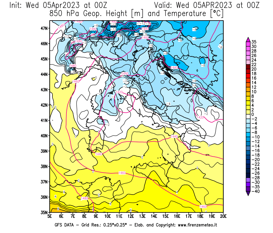 GFS analysi map - Geopotential [m] and Temperature [°C] at 850 hPa in Italy
									on 05/04/2023 00 <!--googleoff: index-->UTC<!--googleon: index-->