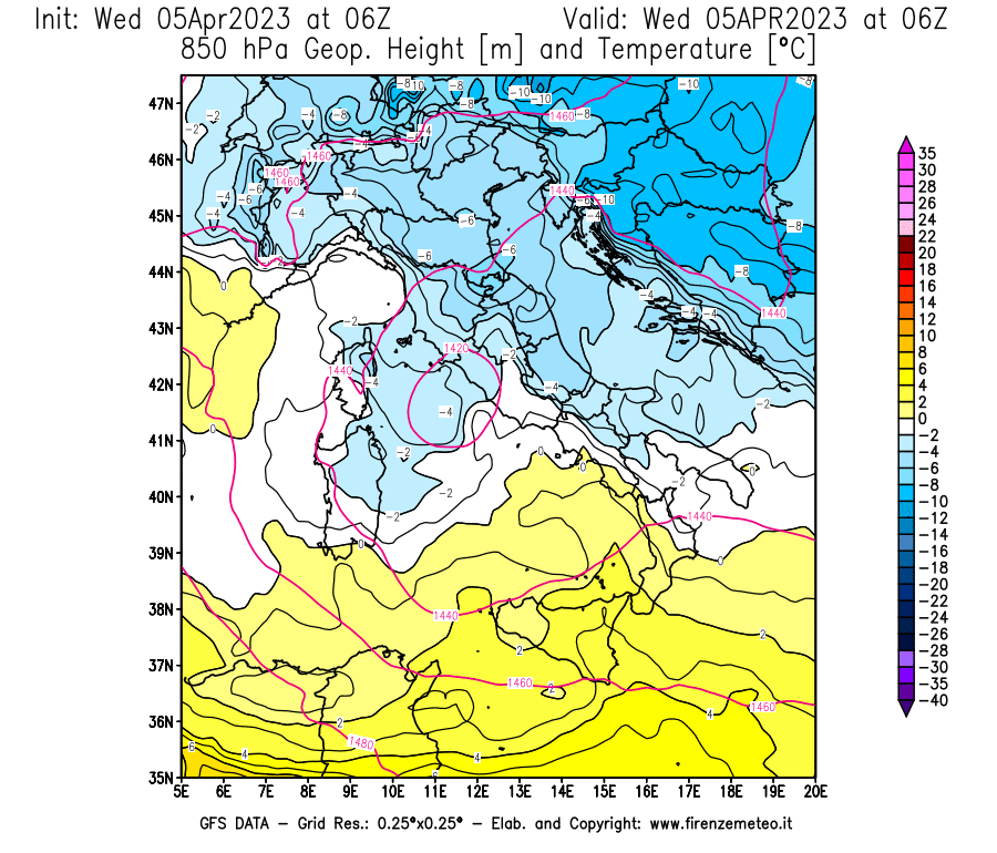 GFS analysi map - Geopotential [m] and Temperature [°C] at 850 hPa in Italy
									on 05/04/2023 06 <!--googleoff: index-->UTC<!--googleon: index-->