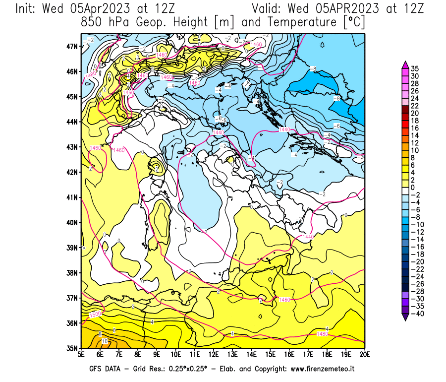 GFS analysi map - Geopotential [m] and Temperature [°C] at 850 hPa in Italy
									on 05/04/2023 12 <!--googleoff: index-->UTC<!--googleon: index-->