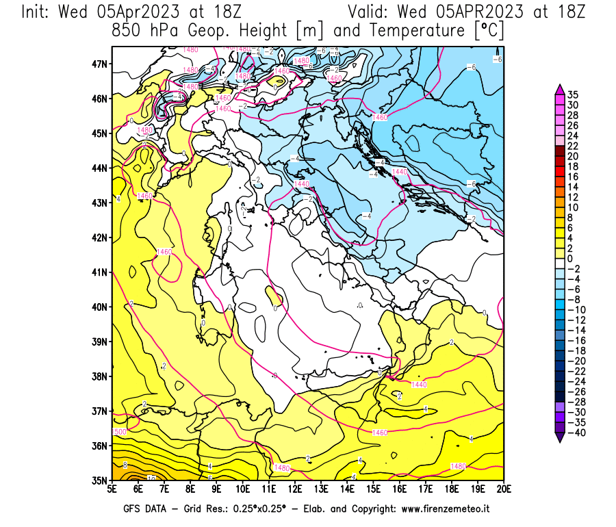 GFS analysi map - Geopotential [m] and Temperature [°C] at 850 hPa in Italy
									on 05/04/2023 18 <!--googleoff: index-->UTC<!--googleon: index-->