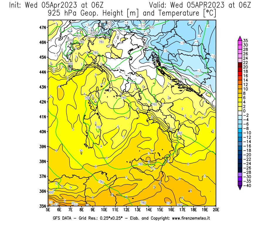 GFS analysi map - Geopotential [m] and Temperature [°C] at 925 hPa in Italy
									on 05/04/2023 06 <!--googleoff: index-->UTC<!--googleon: index-->