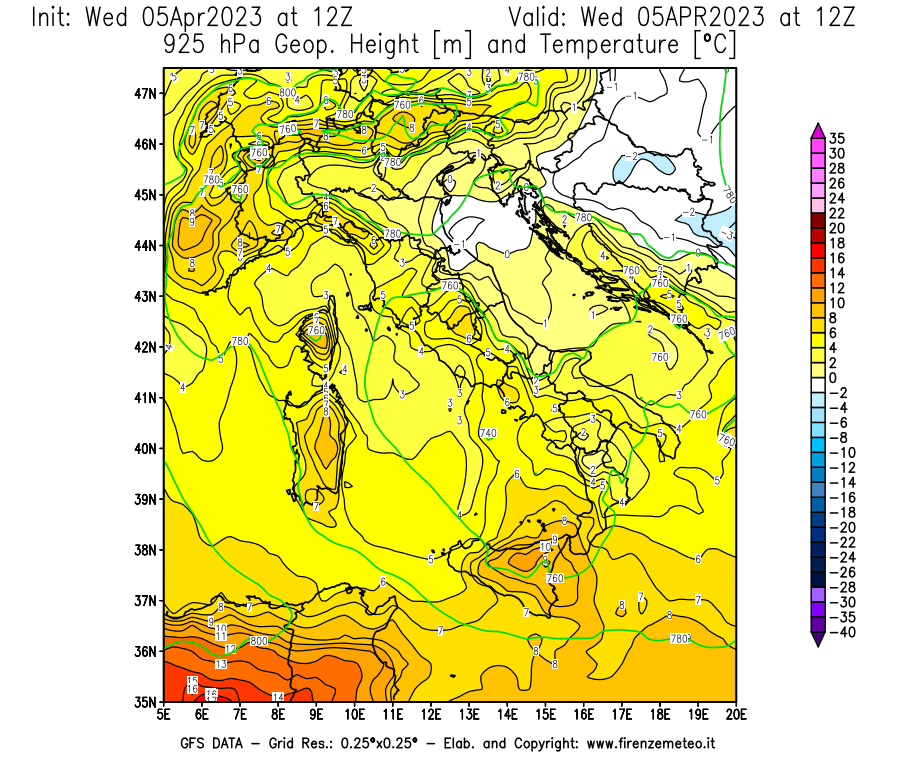 GFS analysi map - Geopotential [m] and Temperature [°C] at 925 hPa in Italy
									on 05/04/2023 12 <!--googleoff: index-->UTC<!--googleon: index-->