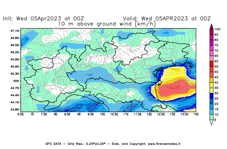 GFS analysi map - Wind Speed at 10 m above ground [km/h] in Northern Italy
									on 05/04/2023 00 <!--googleoff: index-->UTC<!--googleon: index-->
