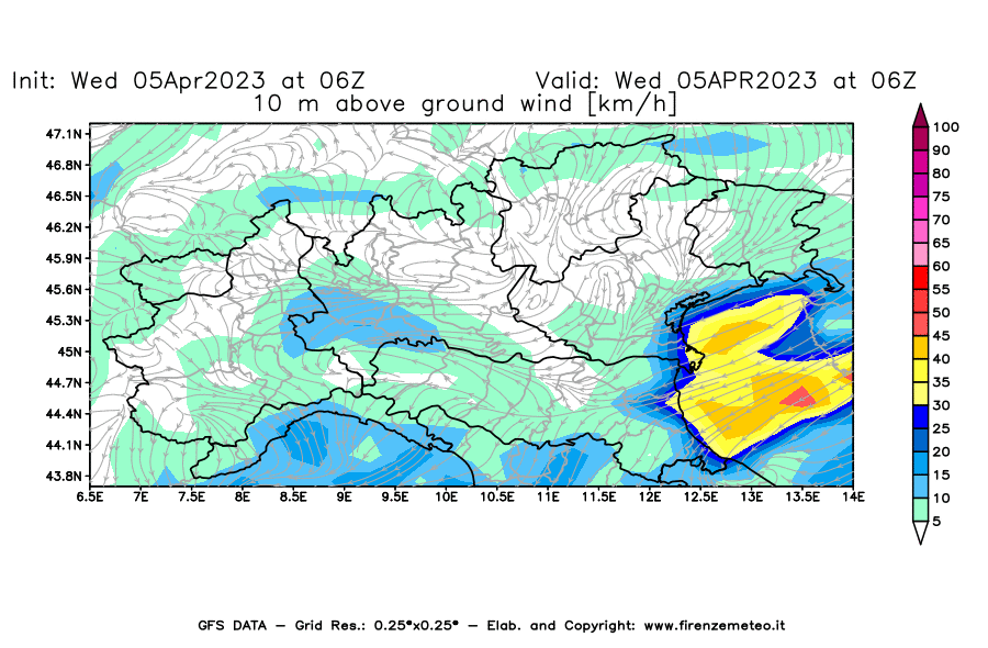 GFS analysi map - Wind Speed at 10 m above ground [km/h] in Northern Italy
									on 05/04/2023 06 <!--googleoff: index-->UTC<!--googleon: index-->