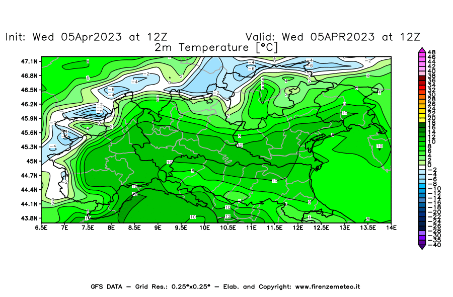 GFS analysi map - Temperature at 2 m above ground [°C] in Northern Italy
									on 05/04/2023 12 <!--googleoff: index-->UTC<!--googleon: index-->