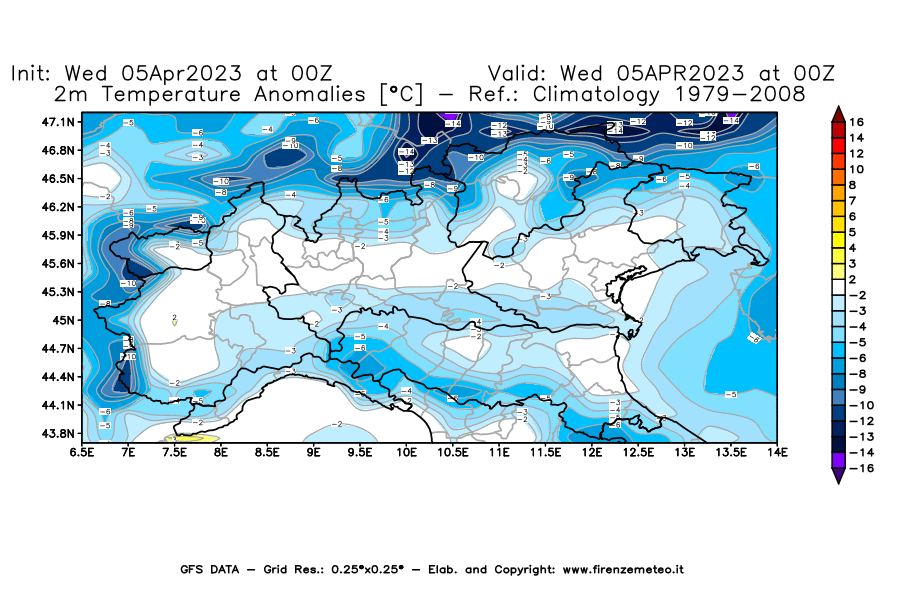 GFS analysi map - Temperature Anomalies [°C] at 2 m in Northern Italy
									on 05/04/2023 00 <!--googleoff: index-->UTC<!--googleon: index-->