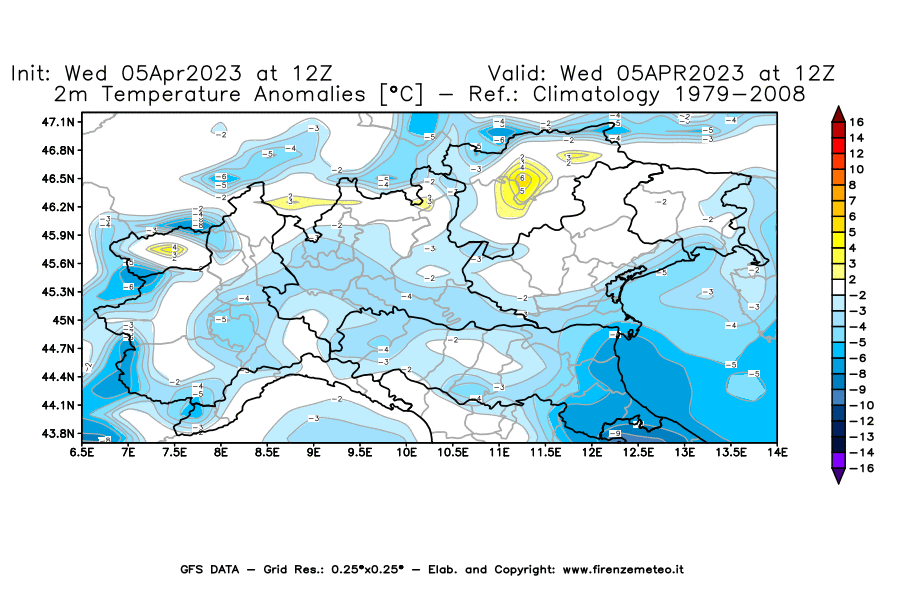 GFS analysi map - Temperature Anomalies [°C] at 2 m in Northern Italy
									on 05/04/2023 12 <!--googleoff: index-->UTC<!--googleon: index-->