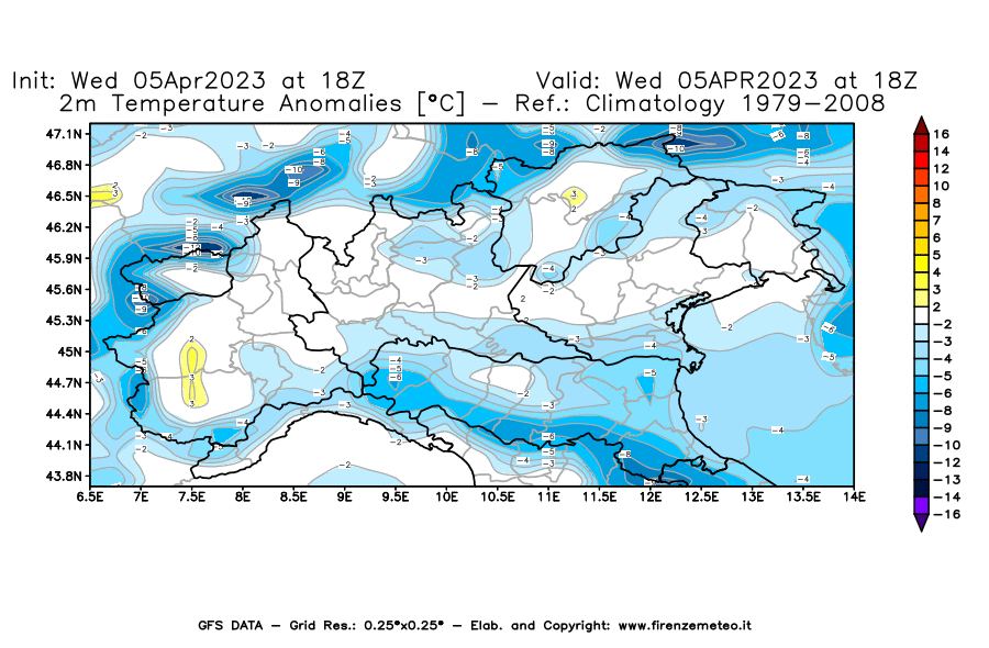 GFS analysi map - Temperature Anomalies [°C] at 2 m in Northern Italy
									on 05/04/2023 18 <!--googleoff: index-->UTC<!--googleon: index-->