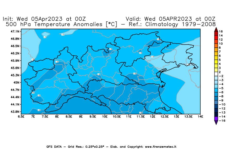 GFS analysi map - Temperature Anomalies [°C] at 500 hPa in Northern Italy
									on 05/04/2023 00 <!--googleoff: index-->UTC<!--googleon: index-->