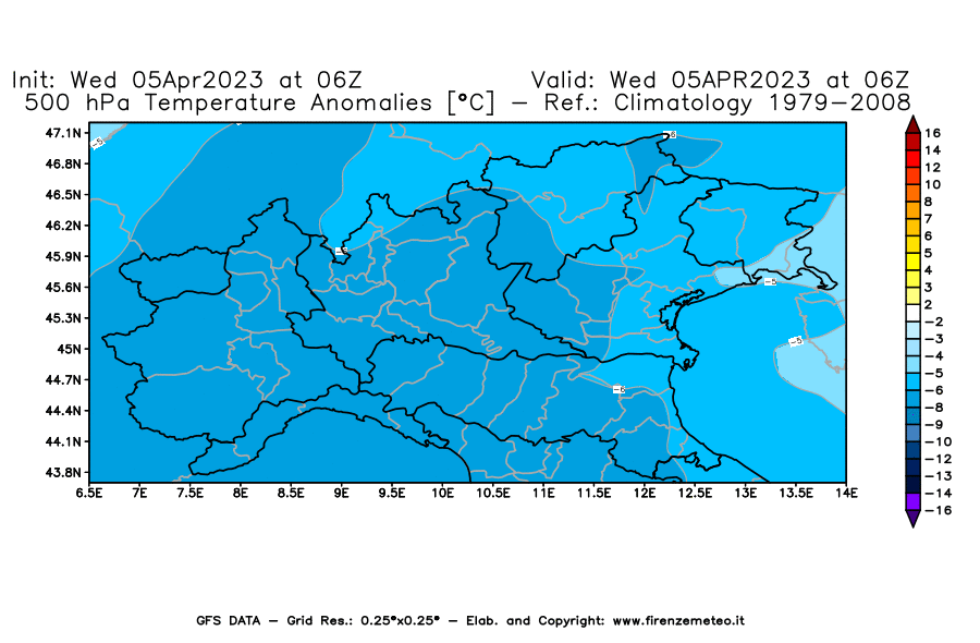 GFS analysi map - Temperature Anomalies [°C] at 500 hPa in Northern Italy
									on 05/04/2023 06 <!--googleoff: index-->UTC<!--googleon: index-->