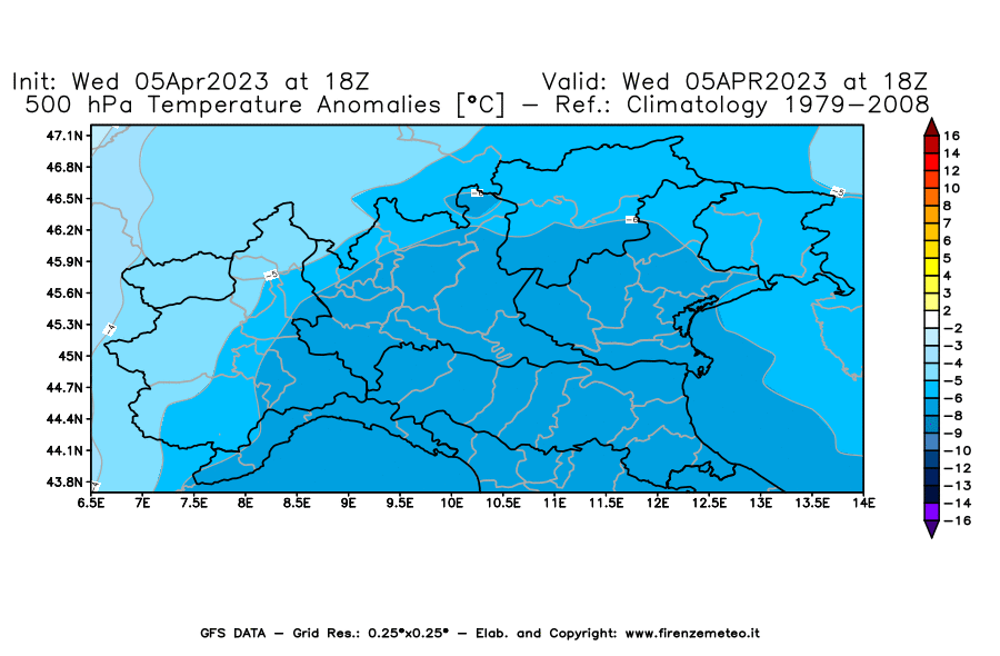 GFS analysi map - Temperature Anomalies [°C] at 500 hPa in Northern Italy
									on 05/04/2023 18 <!--googleoff: index-->UTC<!--googleon: index-->