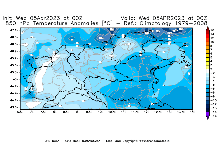 GFS analysi map - Temperature Anomalies [°C] at 850 hPa in Northern Italy
									on 05/04/2023 00 <!--googleoff: index-->UTC<!--googleon: index-->