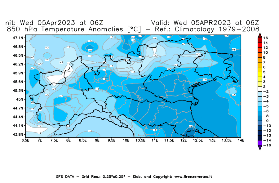 GFS analysi map - Temperature Anomalies [°C] at 850 hPa in Northern Italy
									on 05/04/2023 06 <!--googleoff: index-->UTC<!--googleon: index-->