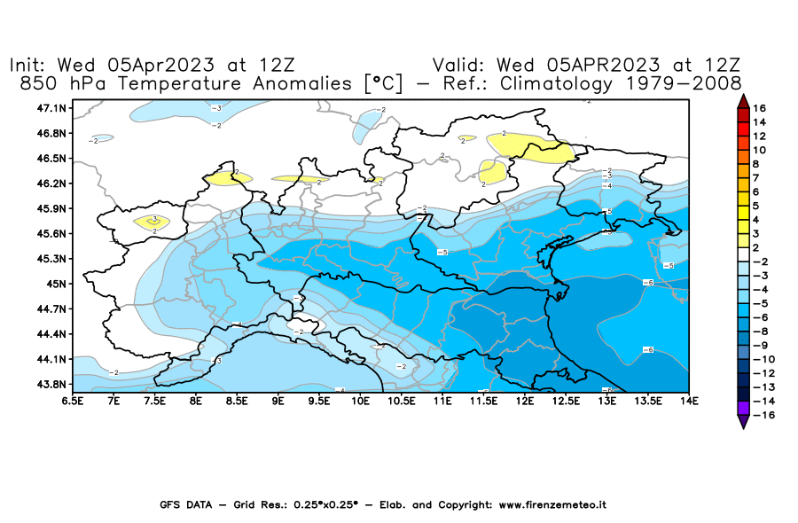 GFS analysi map - Temperature Anomalies [°C] at 850 hPa in Northern Italy
									on 05/04/2023 12 <!--googleoff: index-->UTC<!--googleon: index-->