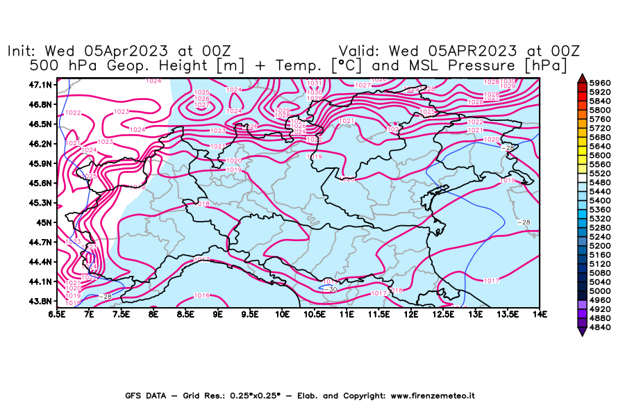 GFS analysi map - Geopotential [m] + Temp. [°C] at 500 hPa + Sea Level Pressure [hPa] in Northern Italy
									on 05/04/2023 00 <!--googleoff: index-->UTC<!--googleon: index-->