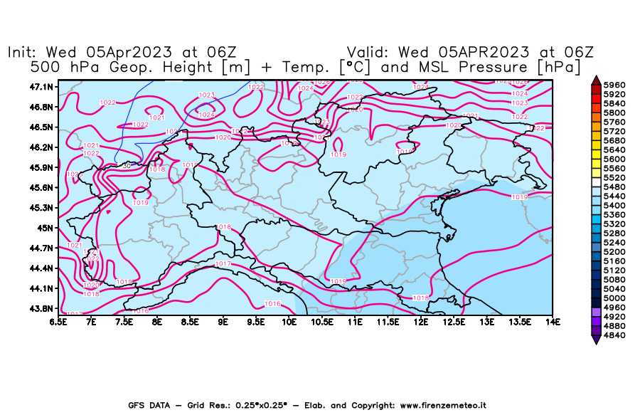 GFS analysi map - Geopotential [m] + Temp. [°C] at 500 hPa + Sea Level Pressure [hPa] in Northern Italy
									on 05/04/2023 06 <!--googleoff: index-->UTC<!--googleon: index-->
