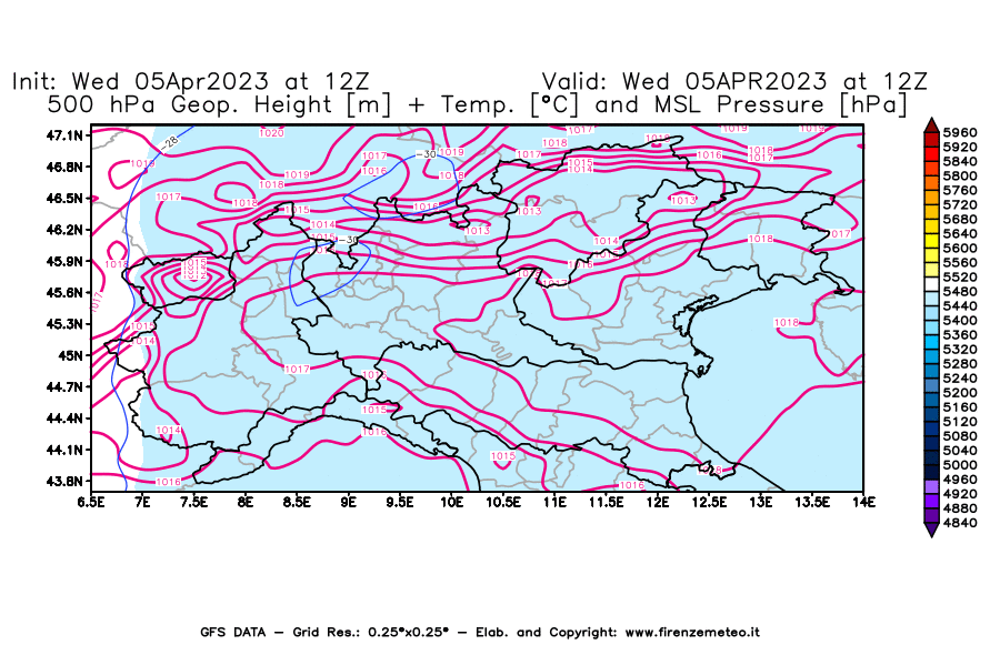 GFS analysi map - Geopotential [m] + Temp. [°C] at 500 hPa + Sea Level Pressure [hPa] in Northern Italy
									on 05/04/2023 12 <!--googleoff: index-->UTC<!--googleon: index-->