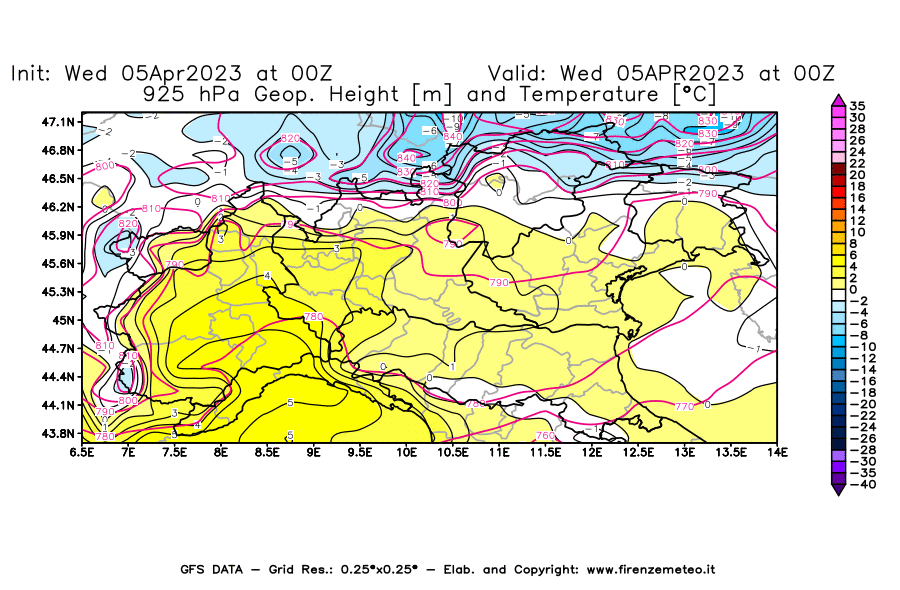 GFS analysi map - Geopotential [m] and Temperature [°C] at 925 hPa in Northern Italy
									on 05/04/2023 00 <!--googleoff: index-->UTC<!--googleon: index-->