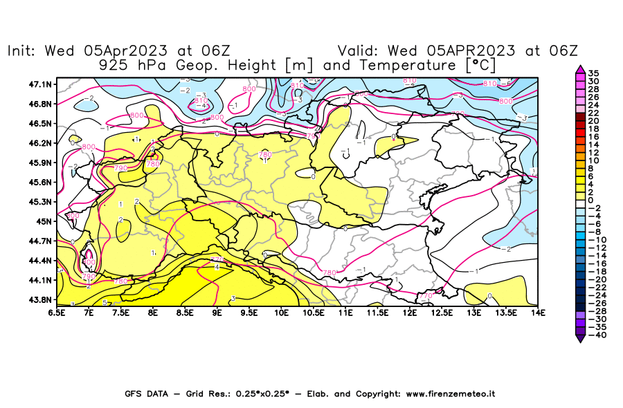 GFS analysi map - Geopotential [m] and Temperature [°C] at 925 hPa in Northern Italy
									on 05/04/2023 06 <!--googleoff: index-->UTC<!--googleon: index-->