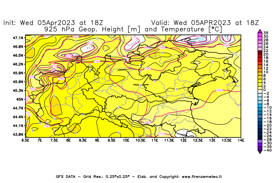 GFS analysi map - Geopotential [m] and Temperature [°C] at 925 hPa in Northern Italy
									on 05/04/2023 18 <!--googleoff: index-->UTC<!--googleon: index-->