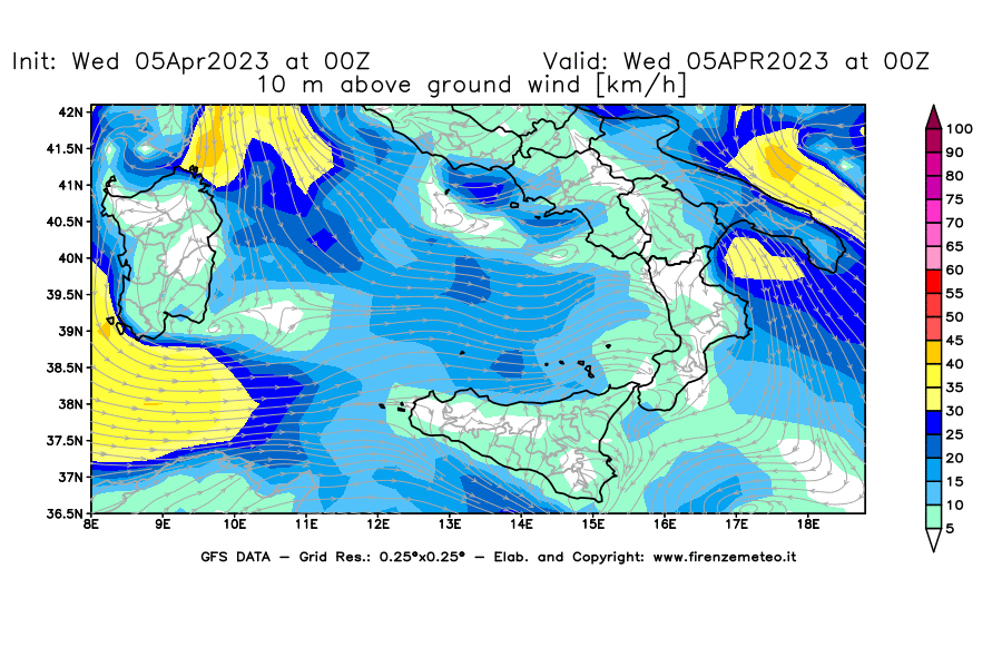 GFS analysi map - Wind Speed at 10 m above ground [km/h] in Southern Italy
									on 05/04/2023 00 <!--googleoff: index-->UTC<!--googleon: index-->
