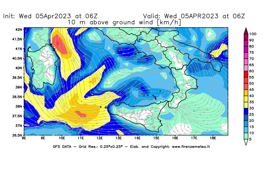 GFS analysi map - Wind Speed at 10 m above ground [km/h] in Southern Italy
									on 05/04/2023 06 <!--googleoff: index-->UTC<!--googleon: index-->