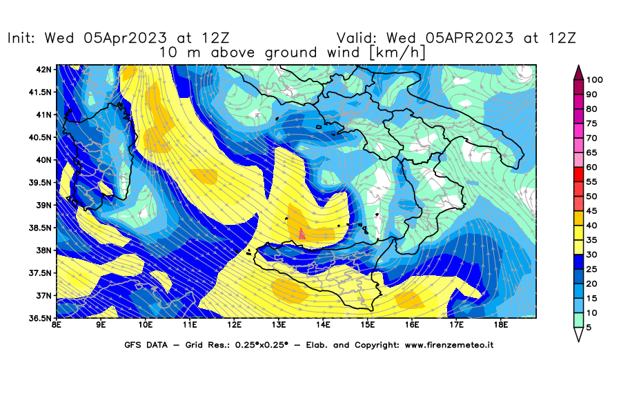 GFS analysi map - Wind Speed at 10 m above ground [km/h] in Southern Italy
									on 05/04/2023 12 <!--googleoff: index-->UTC<!--googleon: index-->