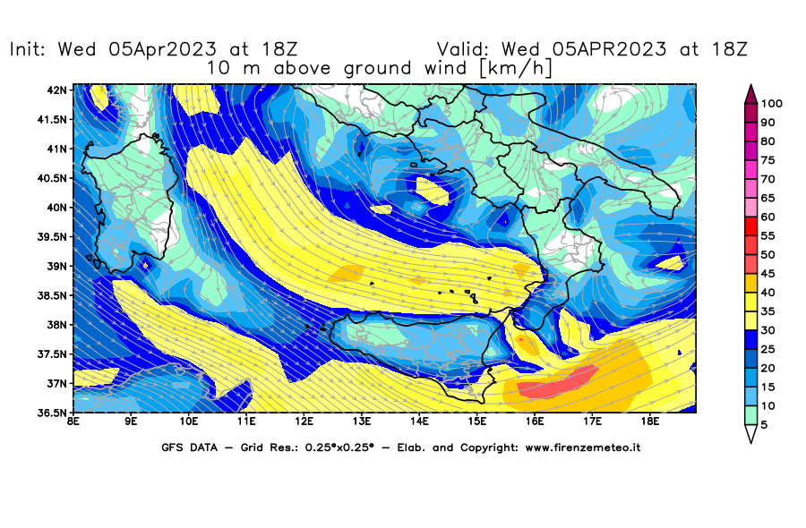 GFS analysi map - Wind Speed at 10 m above ground [km/h] in Southern Italy
									on 05/04/2023 18 <!--googleoff: index-->UTC<!--googleon: index-->