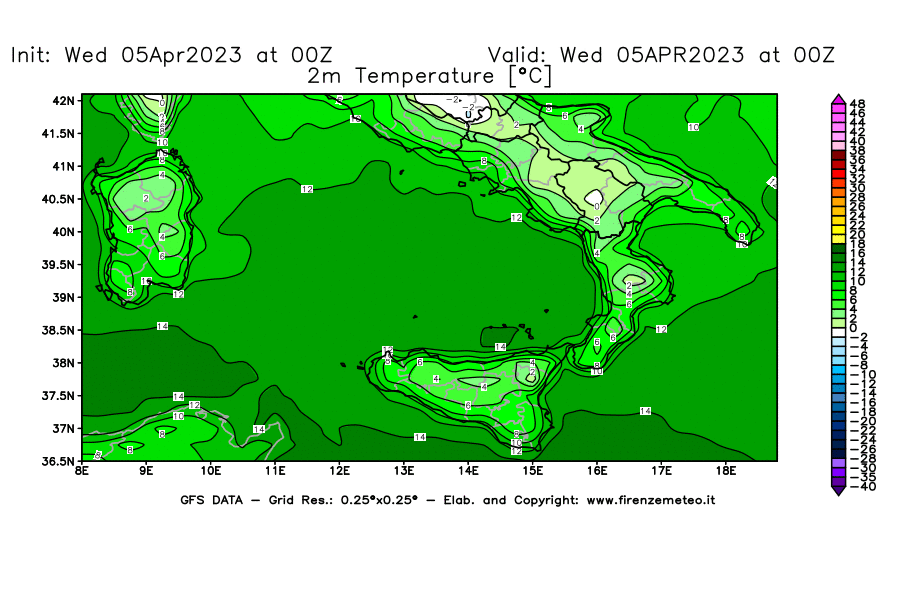 GFS analysi map - Temperature at 2 m above ground [°C] in Southern Italy
									on 05/04/2023 00 <!--googleoff: index-->UTC<!--googleon: index-->