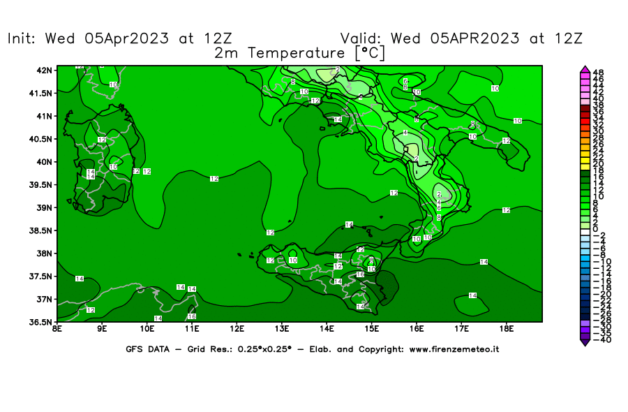 GFS analysi map - Temperature at 2 m above ground [°C] in Southern Italy
									on 05/04/2023 12 <!--googleoff: index-->UTC<!--googleon: index-->