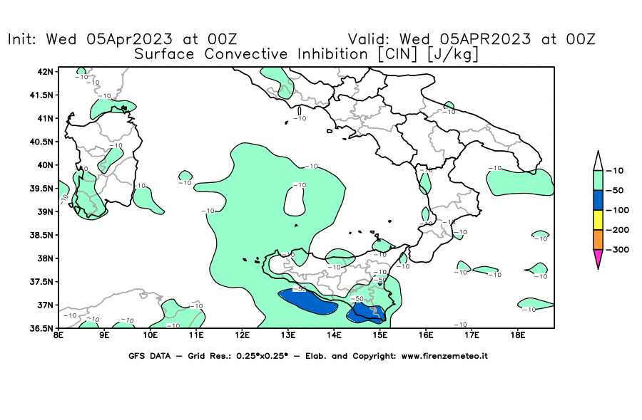 GFS analysi map - CIN [J/kg] in Southern Italy
									on 05/04/2023 00 <!--googleoff: index-->UTC<!--googleon: index-->