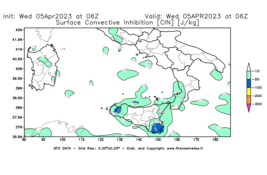 GFS analysi map - CIN [J/kg] in Southern Italy
									on 05/04/2023 06 <!--googleoff: index-->UTC<!--googleon: index-->