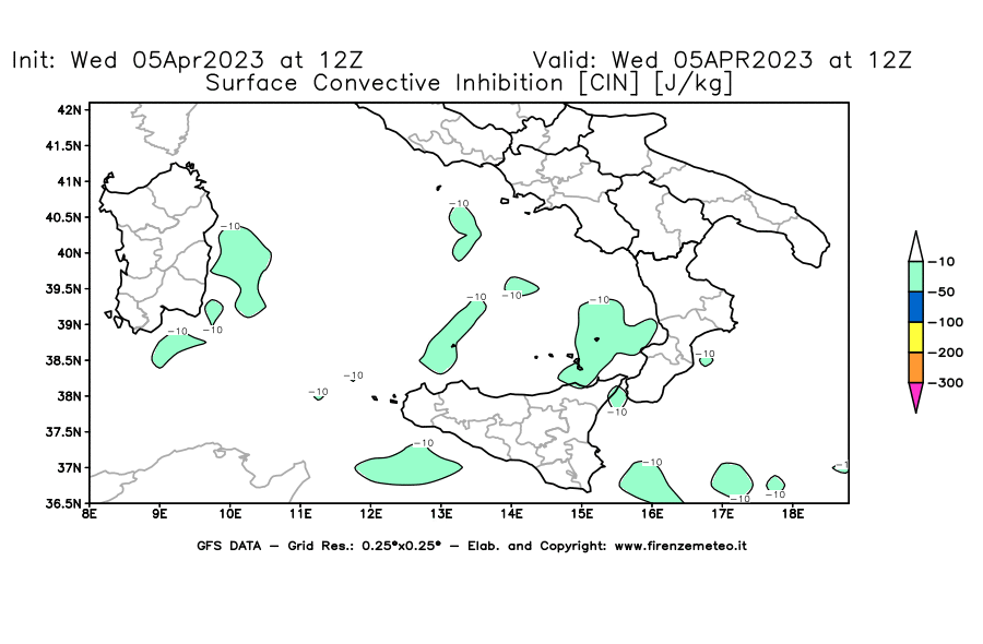 GFS analysi map - CIN [J/kg] in Southern Italy
									on 05/04/2023 12 <!--googleoff: index-->UTC<!--googleon: index-->