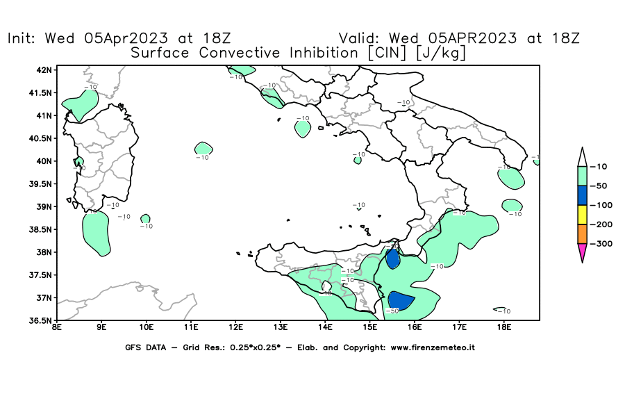 GFS analysi map - CIN [J/kg] in Southern Italy
									on 05/04/2023 18 <!--googleoff: index-->UTC<!--googleon: index-->