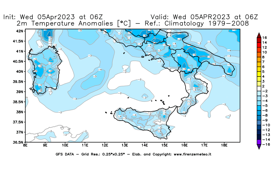 GFS analysi map - Temperature Anomalies [°C] at 2 m in Southern Italy
									on 05/04/2023 06 <!--googleoff: index-->UTC<!--googleon: index-->