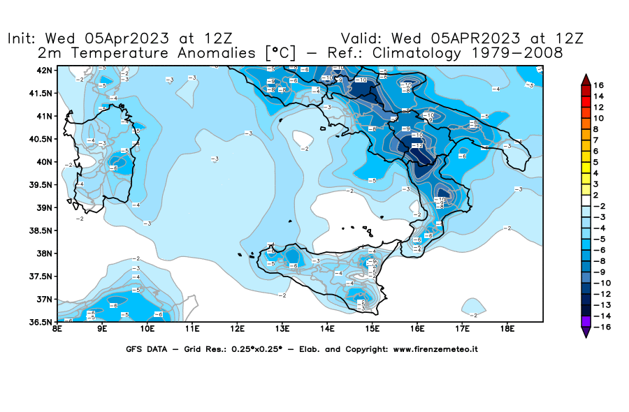 GFS analysi map - Temperature Anomalies [°C] at 2 m in Southern Italy
									on 05/04/2023 12 <!--googleoff: index-->UTC<!--googleon: index-->