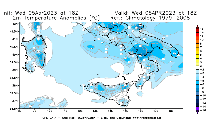 GFS analysi map - Temperature Anomalies [°C] at 2 m in Southern Italy
									on 05/04/2023 18 <!--googleoff: index-->UTC<!--googleon: index-->